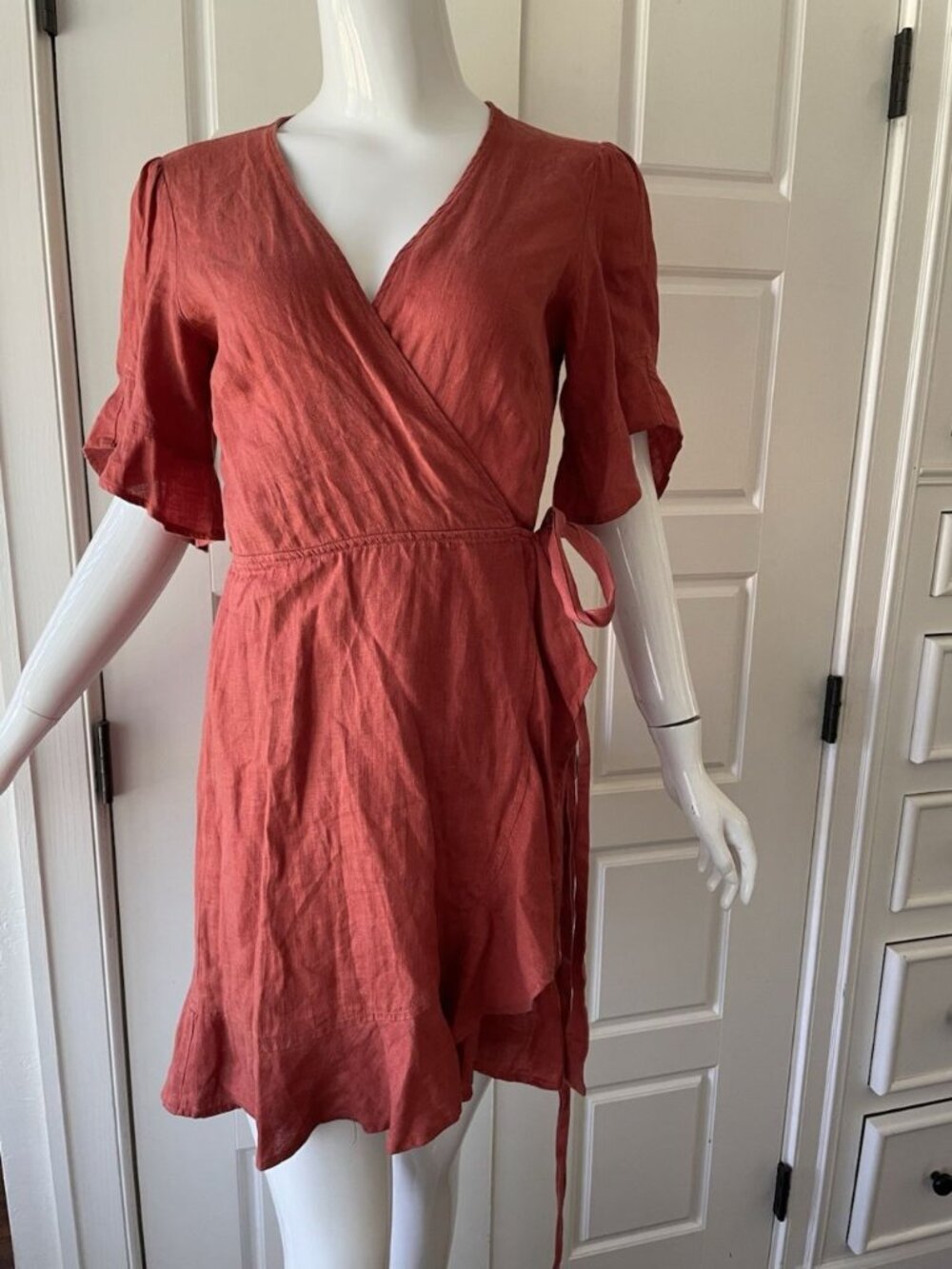 Honorine Edie Linen Ruffle Wrap Mini Dress Terracotta European Summer Boho Chic - Picture 2 of 13